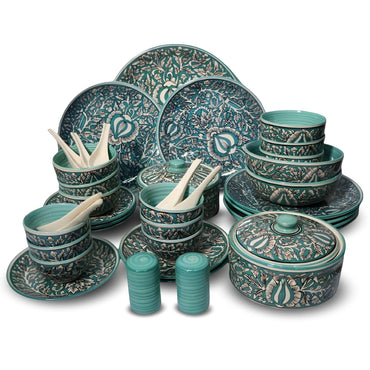 Humna-37 Pieces Turquoise Dinner Set With Kalamkari Design