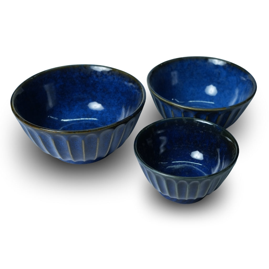 Royal Navy Blue Ribbed Bowl Set of 3