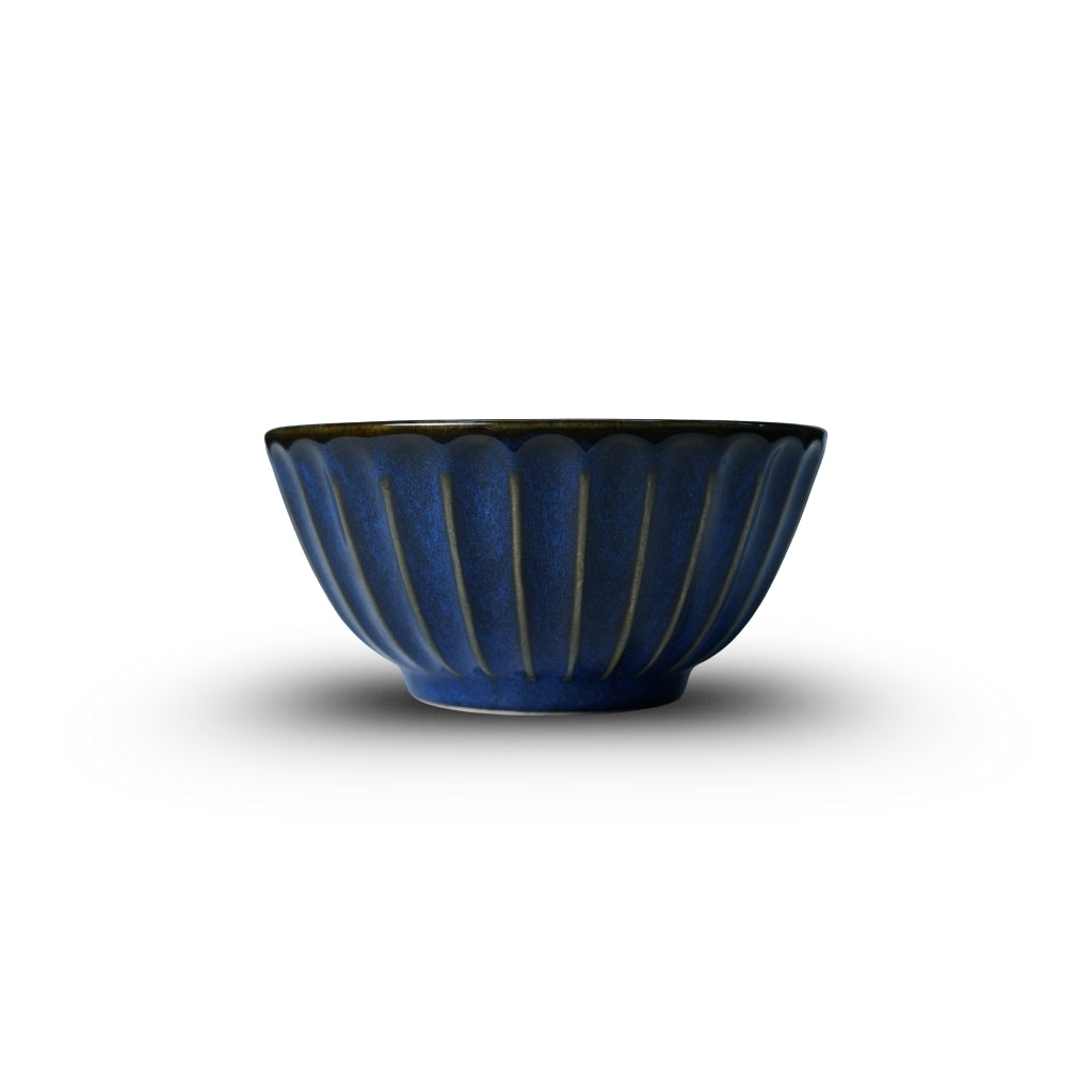 Royal Navy Blue Ribbed Ceramic Serving Bowl Set of 3