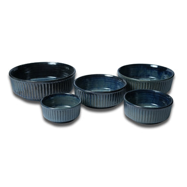 Deep Ocean Blue Ribbed Bowl Set of 5