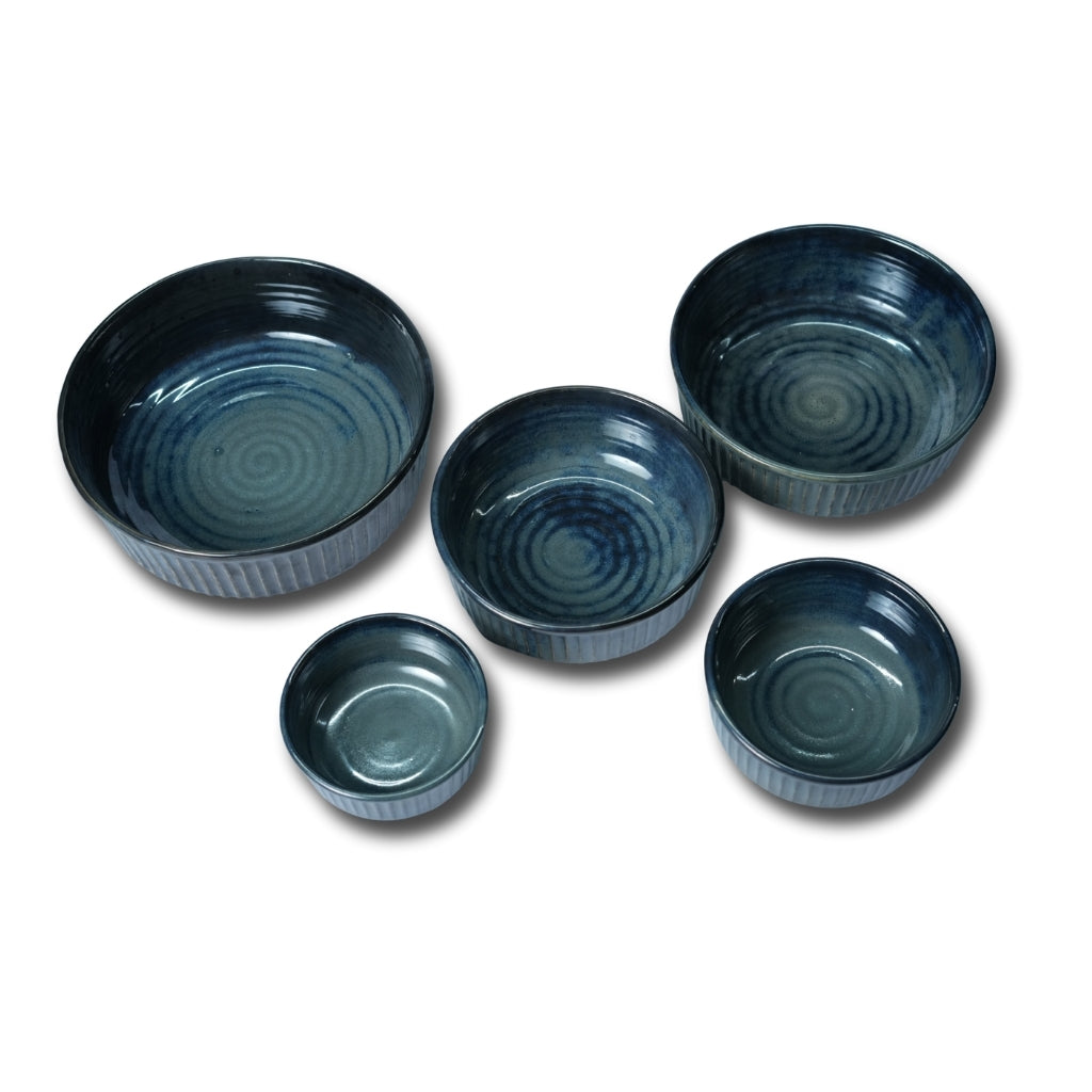 Deep Ocean Blue Ribbed Bowl Set of 5