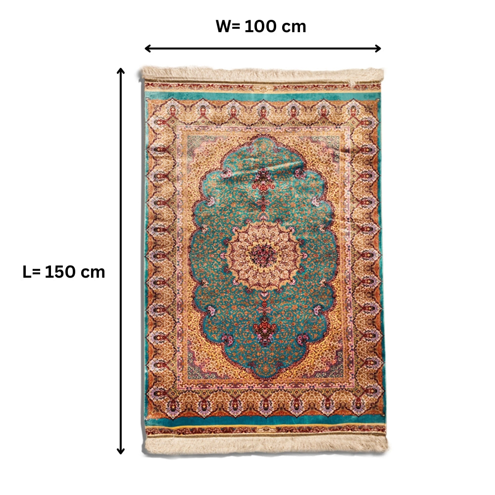 Phirozi Silk Carpet - Luxury Persian Style Rug with Medallion & Floral Border