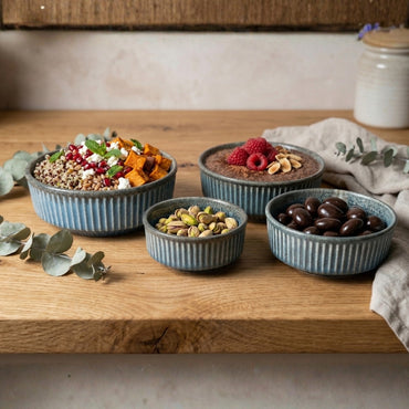 Blue Ribbed Ceramic Serving Bowl Set of 4