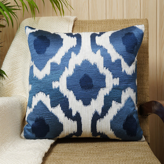 Square cushion with bold blue and white embroidery – Azure Collection by Dash & Twine