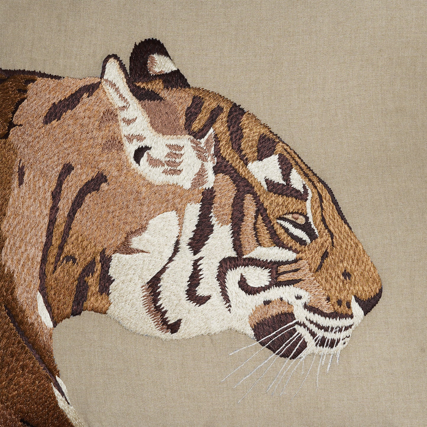On the Prowl - Beige Cushion with Side Profile Embroidered Tiger in Earthy tones