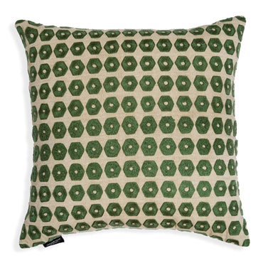 Hexa Green – Hexagonal Embroidered Cotton Cushion in Deep Emerald