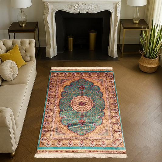 Phirozi silk carpet featuring a traditional Persian medallion design with intricate floral motifs in turquoise, beige, and red tones