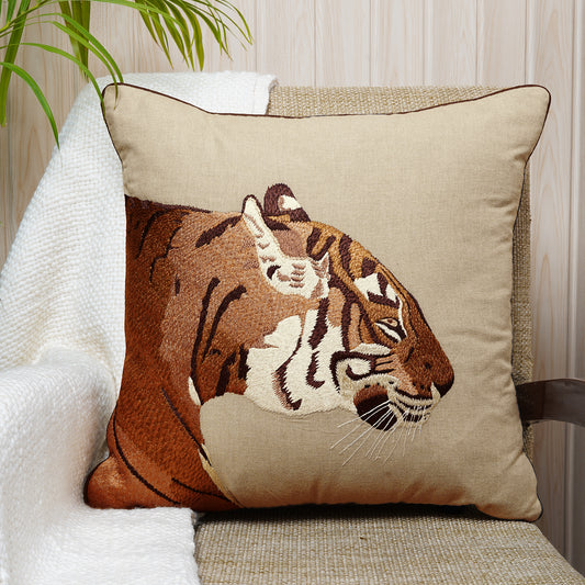 Tiger face embroidered cotton-blend cushion in beige and brown - Dash & Twine Beauty and the Beasts Collection