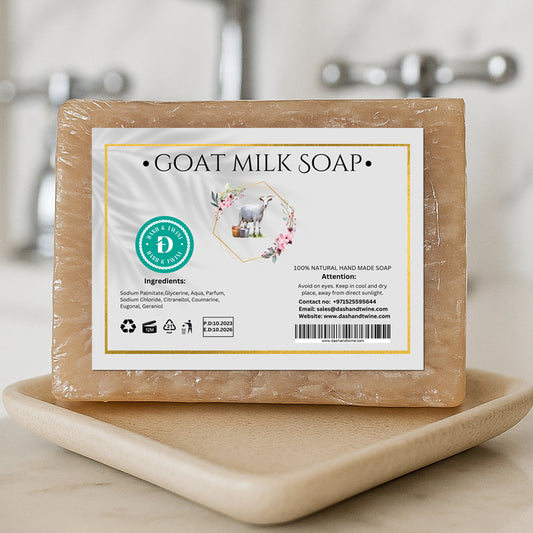 Natural goat milk handmade soap bar in beige color placed on white surface, suitable for dry and sensitive skin