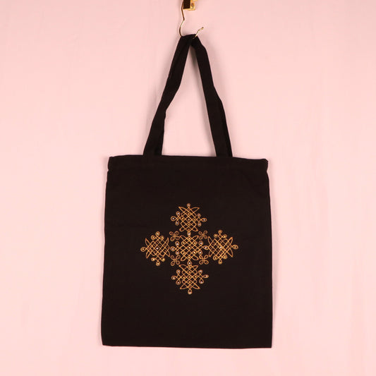 Kolam Design On Canvas Black Tote Bag