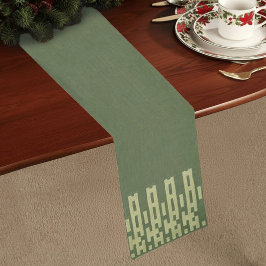 Jade green chambray table runner with bold stitched beige pattern on both ends