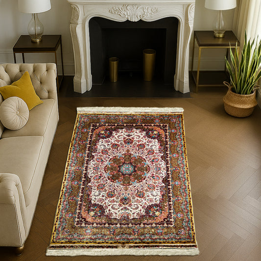 Luxurious silk carpet with intricate Persian floral medallion design in ivory, maroon, and turquoise hues