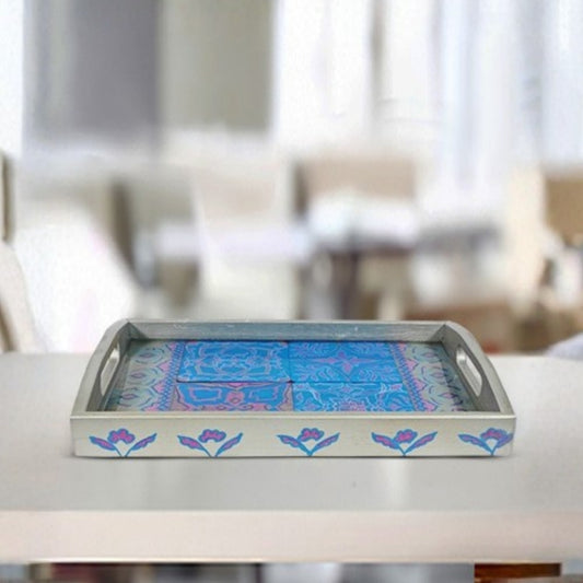 white blue floral wooden decorative tray