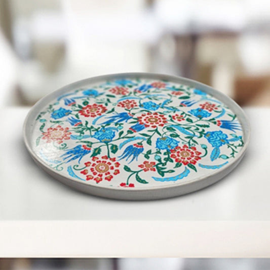 white floral round wooden table tray