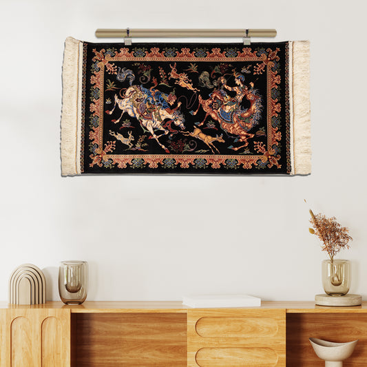 Elegant silk tapestry featuring a Persian gazelle hunting scene with riders on horseback in rich, detailed colors
