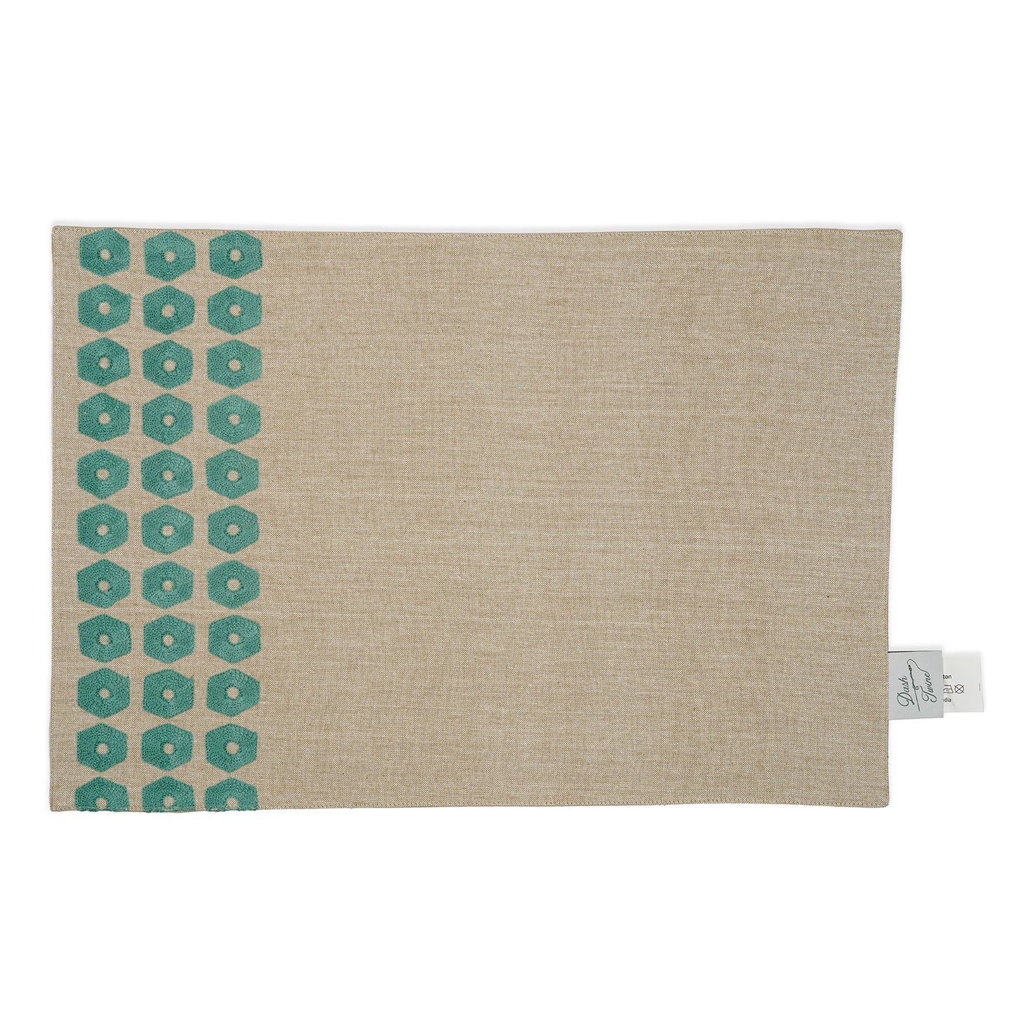 Hexa Green Placemat Set of 4 – Beige Placemat with Green Embroidered Hexagons
