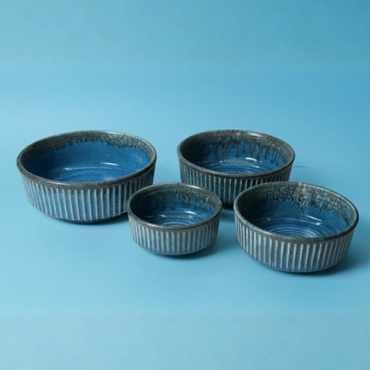 blue ribbed ceramic serving bowl set of 4 for serving snacks salads desserts and everyday dining use