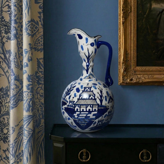 chinese ceramic round long neck decorative pitcher elegant cylindrical showpiece for home decor accent with traditional artistic printed design
