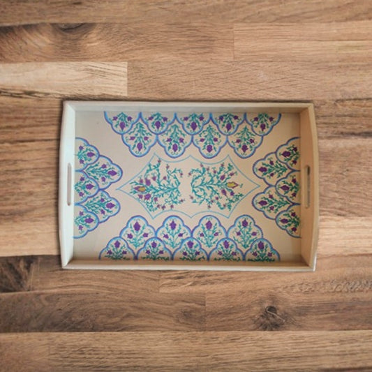 cream sky blue floral wooden decorative tray