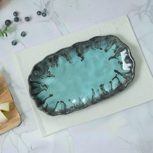 crinkle ocean blue ceramic rectangular 26cm platter set of 2 with textured finish for serving snacks and appetizers