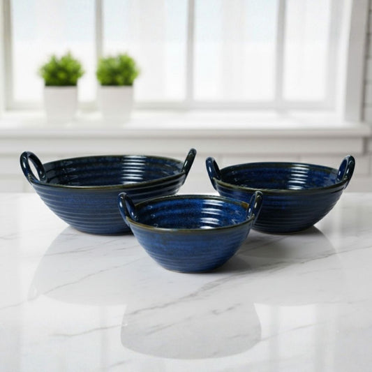 dark blue ceramic serving kadhai set of 3 round serveware style serving bowls for snacks curries and stylish table presentation