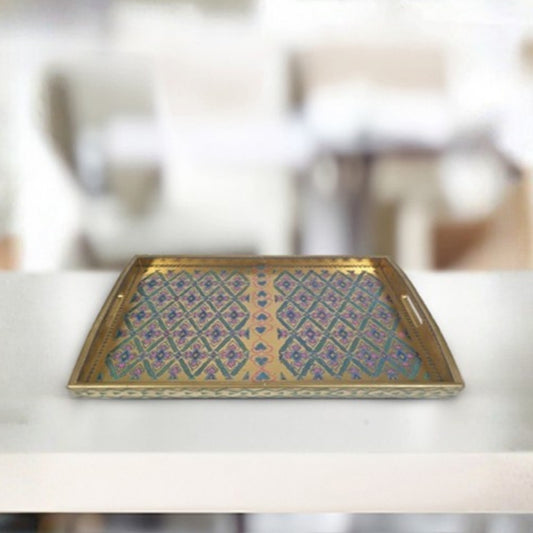 golden purple floral wooden decorative tray