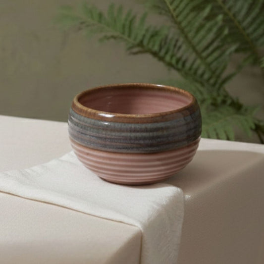 grey edge peach ribbed ceramic deep bowl set of 2 for serving snacks salads and soups with elegant ceramic finish