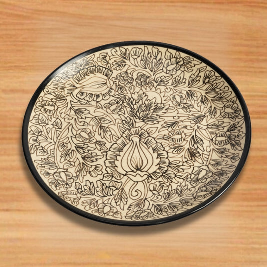 kalamkari ceramic full plate set of 6 round plates for serving snacks desserts with artistic floral pattern