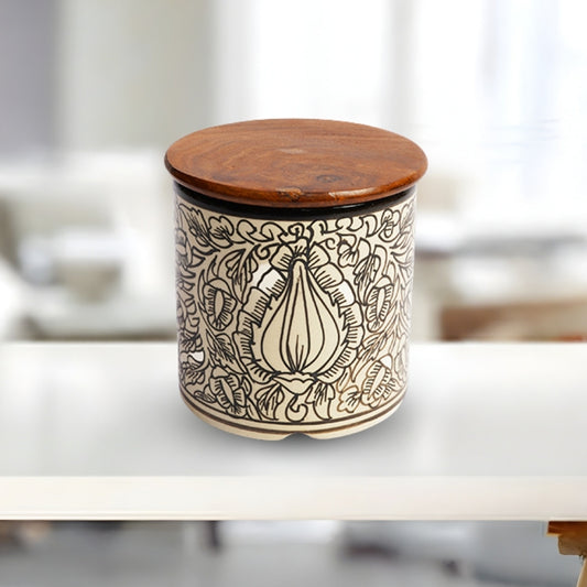 kalamkari circular ceramic canister set of 2 cylindrical storage jars with wooden lid for kitchen storage