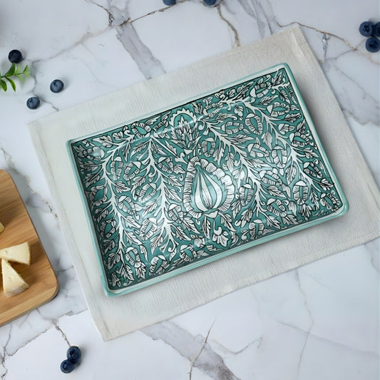 kalamkari sea green ceramic rectangular platter set of 2 with traditional artistic pattern for serving snacks and appetizers