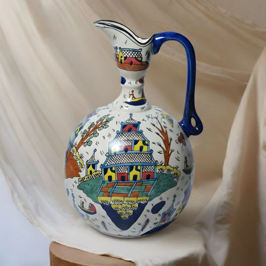 multicolour chinese ceramic round short neck decorative pitcher elegant home decor accent showpiece with traditional artistic design