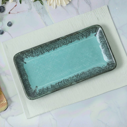 ocean blue ceramic rectangular 26cm platter set of 2 with smooth glazed finish for serving snacks and appetizers