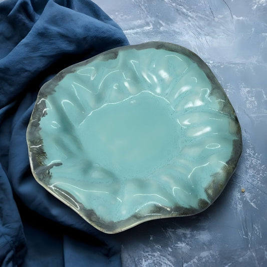 ocean blue ceramic wave edge platter with glazed finish for serving snacks appetizers and main dishes
