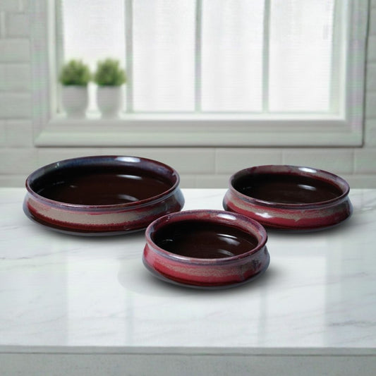red ceramic serving dish set of 3 for serving food snacks and meals with durable glazed finish
