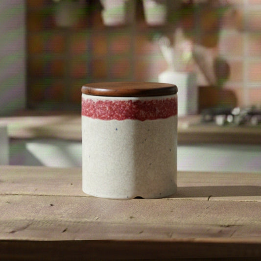 red and white circular ceramic canister set of 2 cylindrical storage jars with wooden lid for kitchen storage