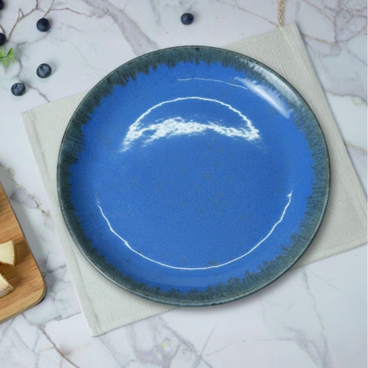 sapphire blue ceramic full plate set of 6 round plates with modern glazed finish for snacks and dessert serving