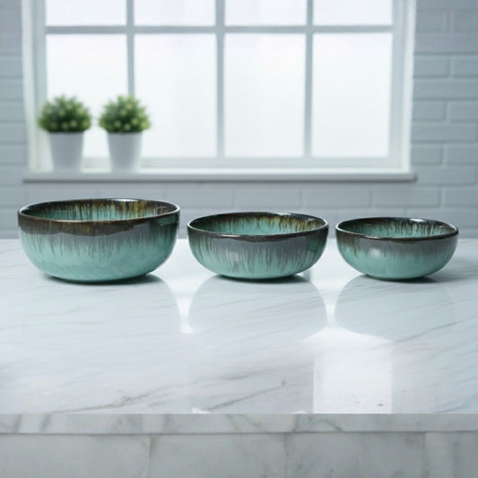 seafoam green ceramic serving bowl set of 3 for serving snacks salads desserts and everyday dining use