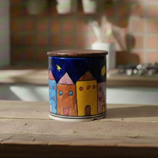 turkish blue houses circular ceramic canister set of 2 cylindrical storage jars with wooden lid for kitchen storage