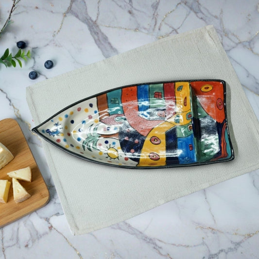 turkish ceramic boat platter set of 2 with colorful artistic design for serving snacks and appetizers