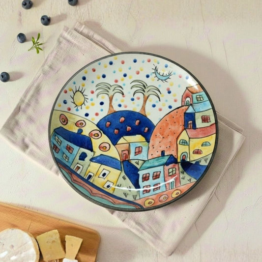 turkish city ceramic full plate set of 6 round plates with colorful artistic houses design for dining and serving