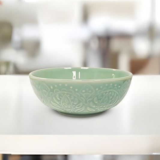 turquoise embossed ceramic round serving bowl elegant serveware bowls for snacks salads desserts and stylish dining presentation