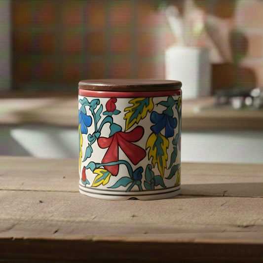 white floral circular ceramic canister set of 2 cylindrical storage jars with wooden lid for kitchen storage