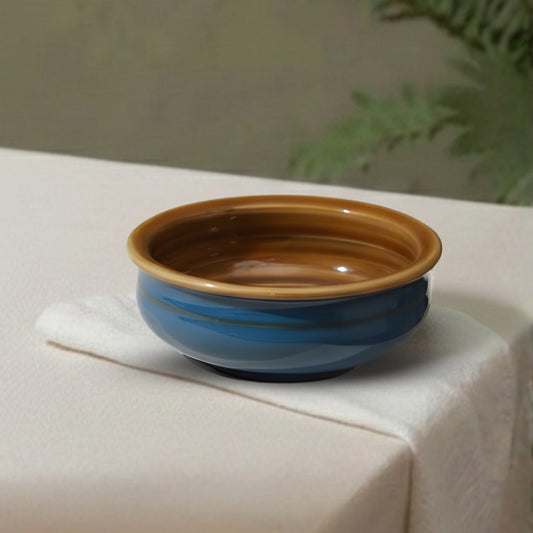 yellow edge blue ceramic handi set of 2 for serving curries and dishes with durable glazed finish