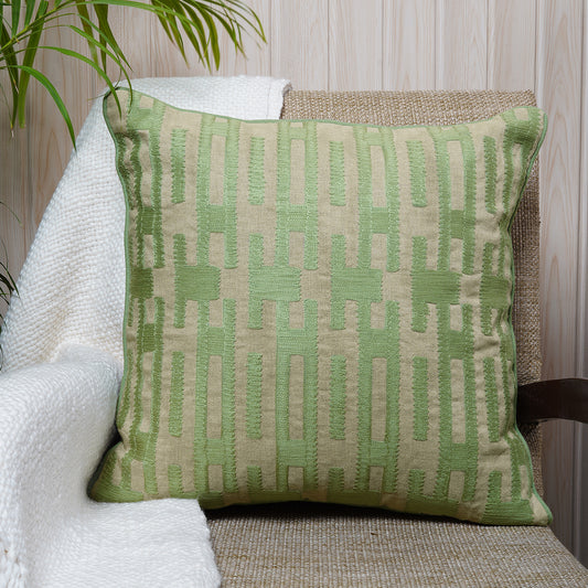 Square embroidered cushion in Lincoln green and beige on soft chambray fabric - from the Pure Jade Collection