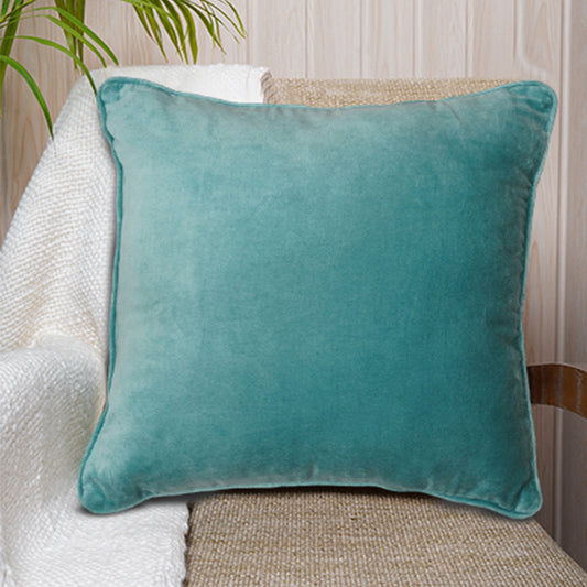 Square turquoise cushion in soft cotton velvet with a plush texture - Babylonia Collection
