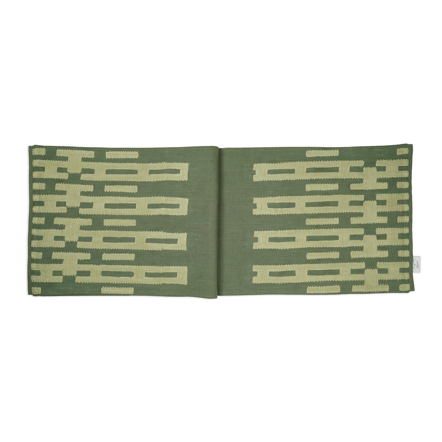 Link on Green Tablerunner – Jade Green Chambray Runner with Bold Stitched Pattern Ends