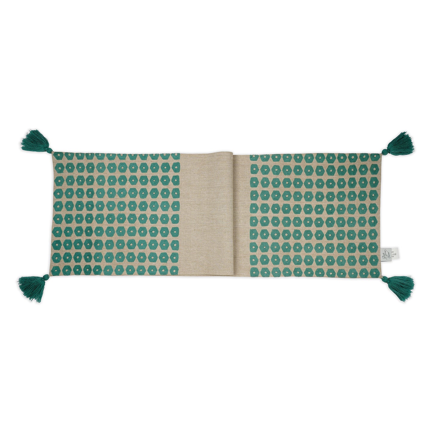 Hexa Green Tablerunner – Chambray Tablerunner with Green Embroidered Hexagons and Tassels