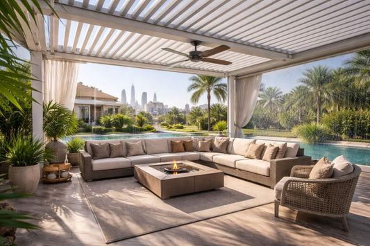 Modern outdoor living space with lounge seating, pergola, and stylish décor in a UAE home.