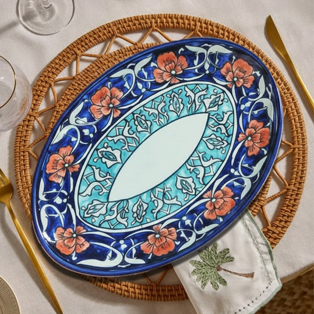 Cobalt Blue Floral Ceramic Oval Platter