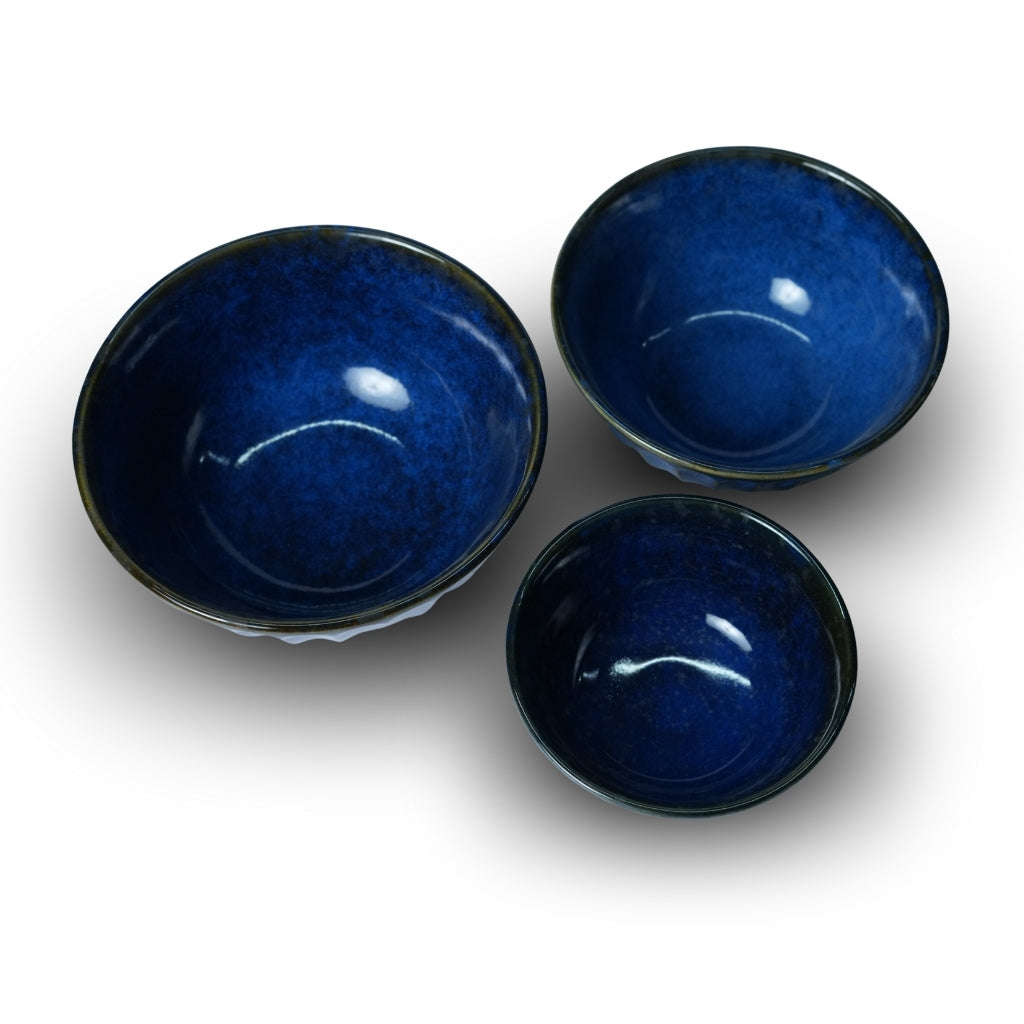 Royal Navy Blue Ribbed Ceramic Serving Bowl Set of 3